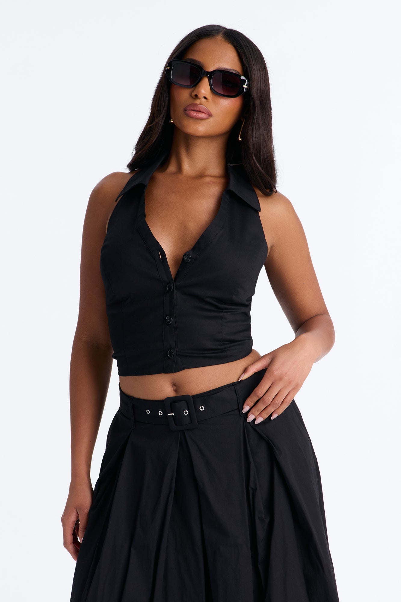 Lana Poplin Halter Maxi Skirt Set - Black