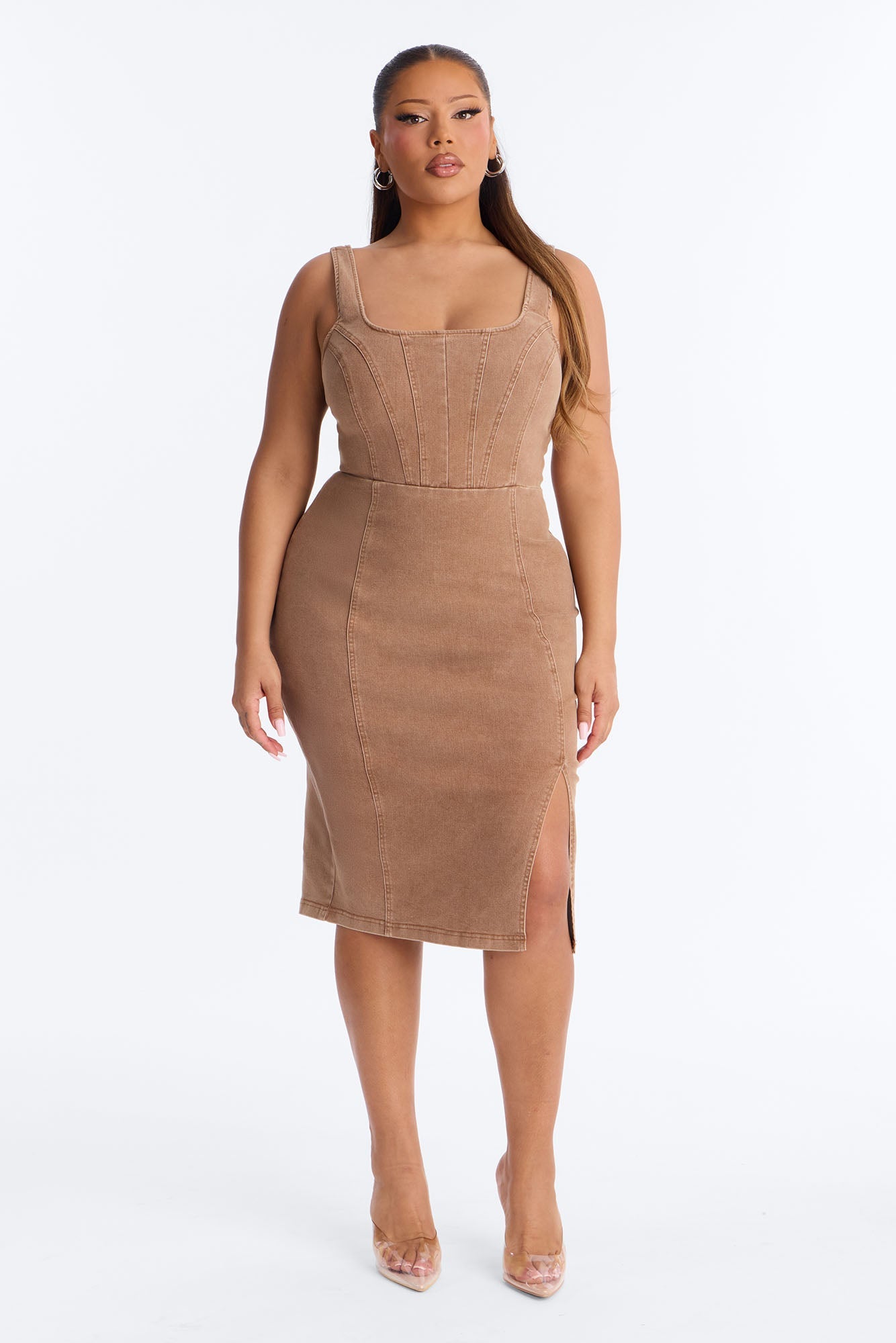 Avery Stretch Denim Midi Dress - Brown