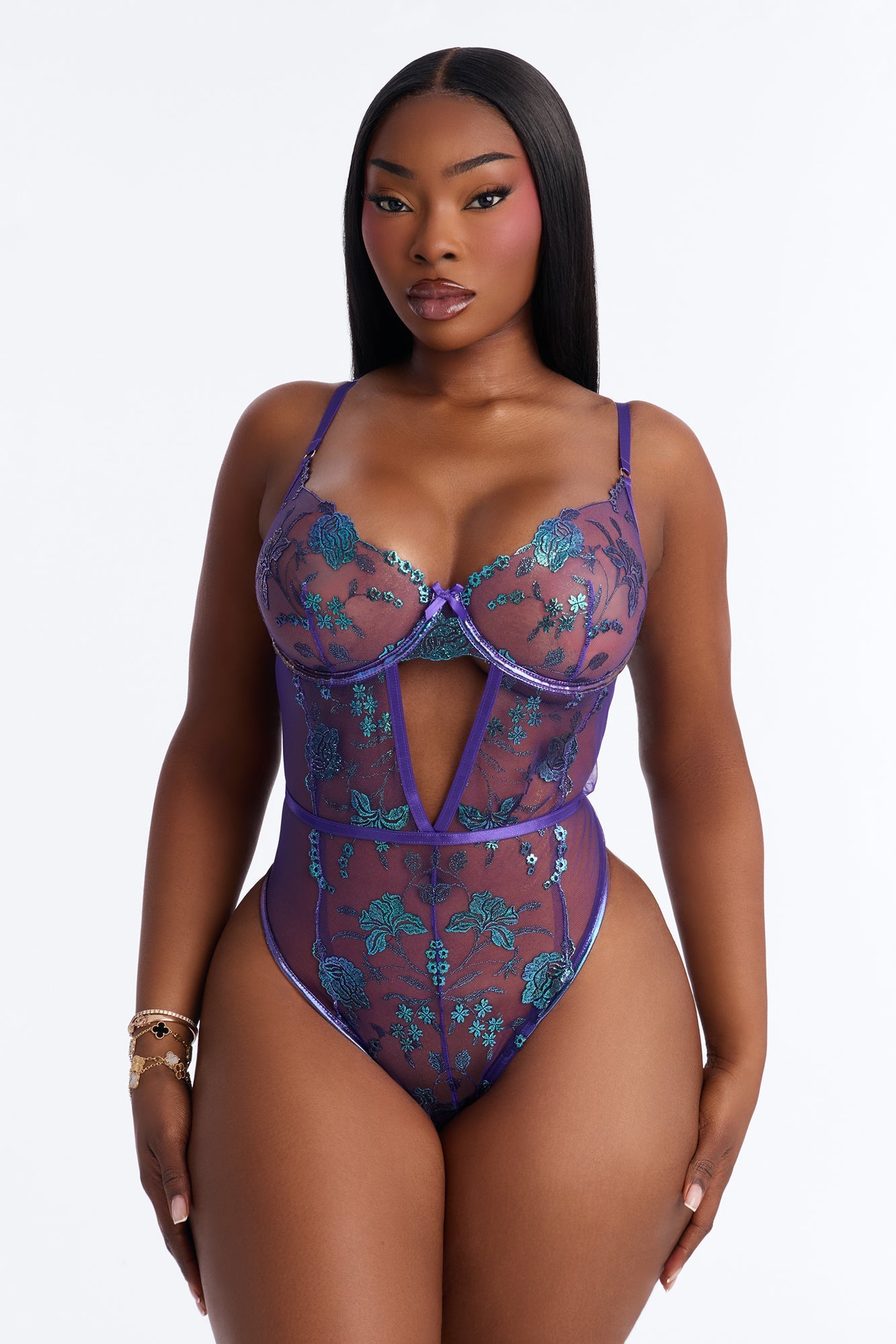 Missy Embroidered Sheer Underwire Teddy - Violet