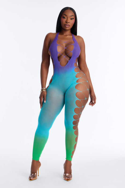 Good Attitude Ombre Fishnet Jumpsuit Bodystocking - Purple/combo