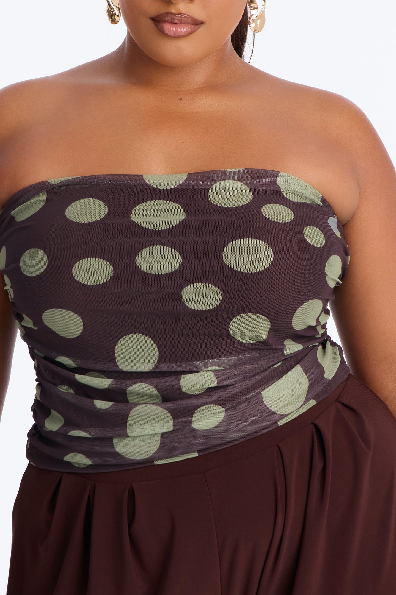 Kami Ruched Mesh Polka Dot Tube Top - Brown/combo