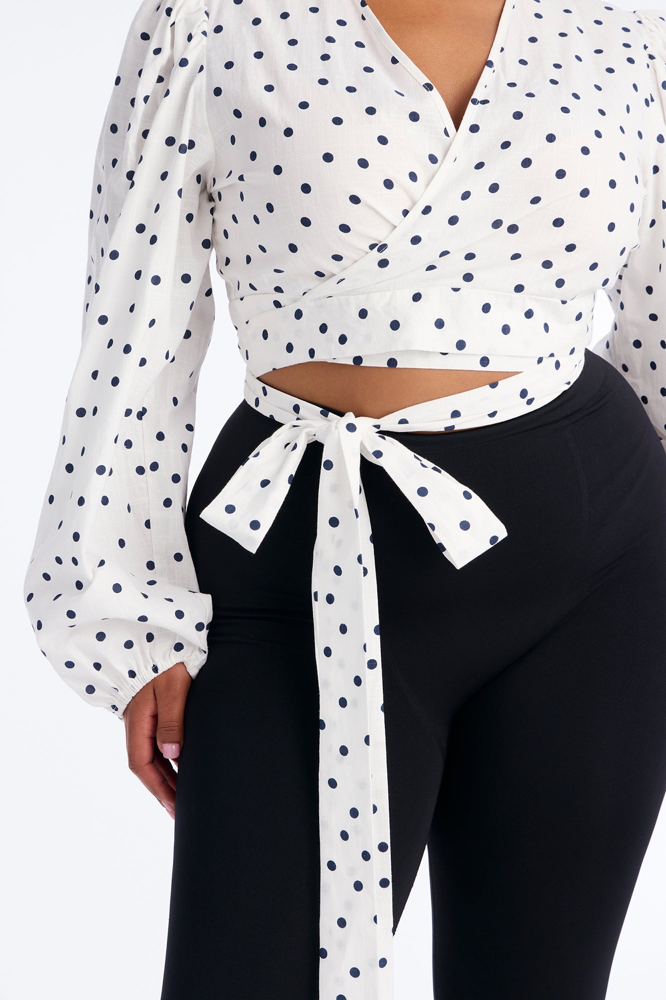Scene Stealer Polka Dot Tie Waist Linen Top - White/combo