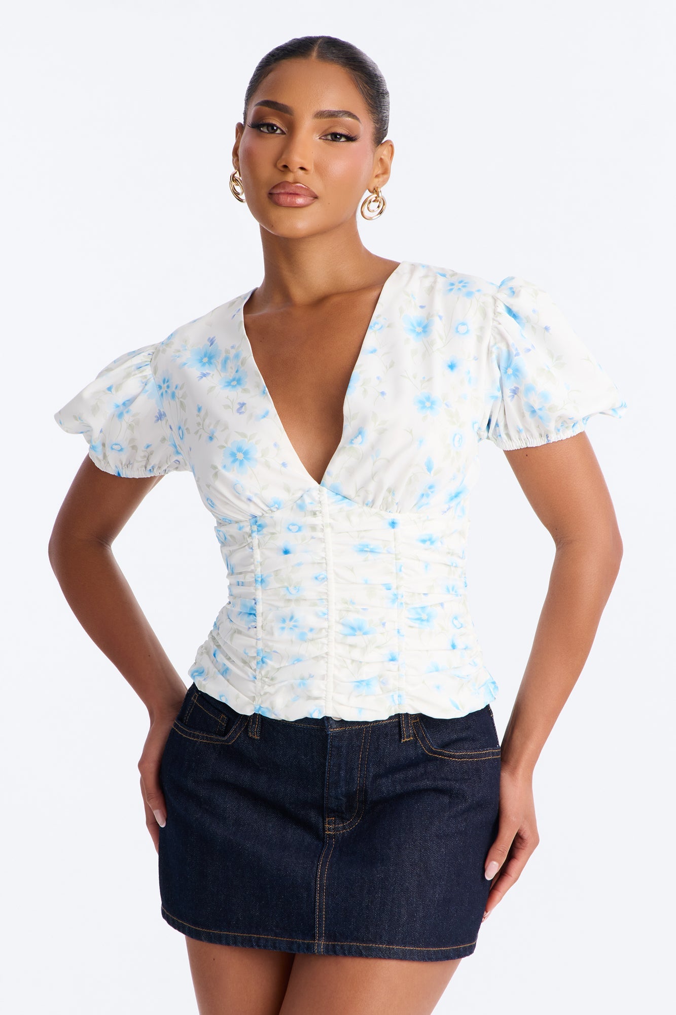 Arlene Puff Sleeved Floral Chiffon Top - Blue/combo