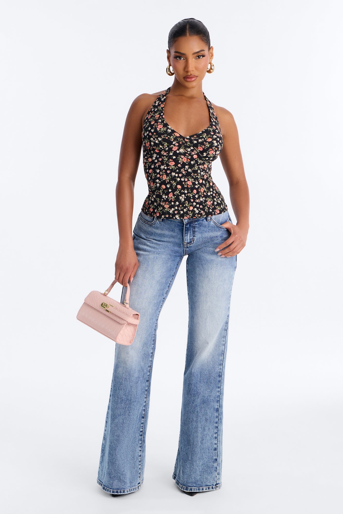 Rosie Double Lined Floral Halter Neck Top - Black