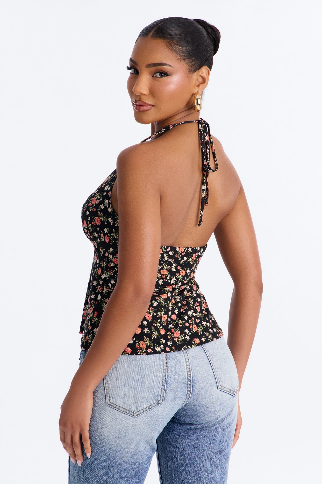 Rosie Double Lined Floral Halter Neck Top - Black