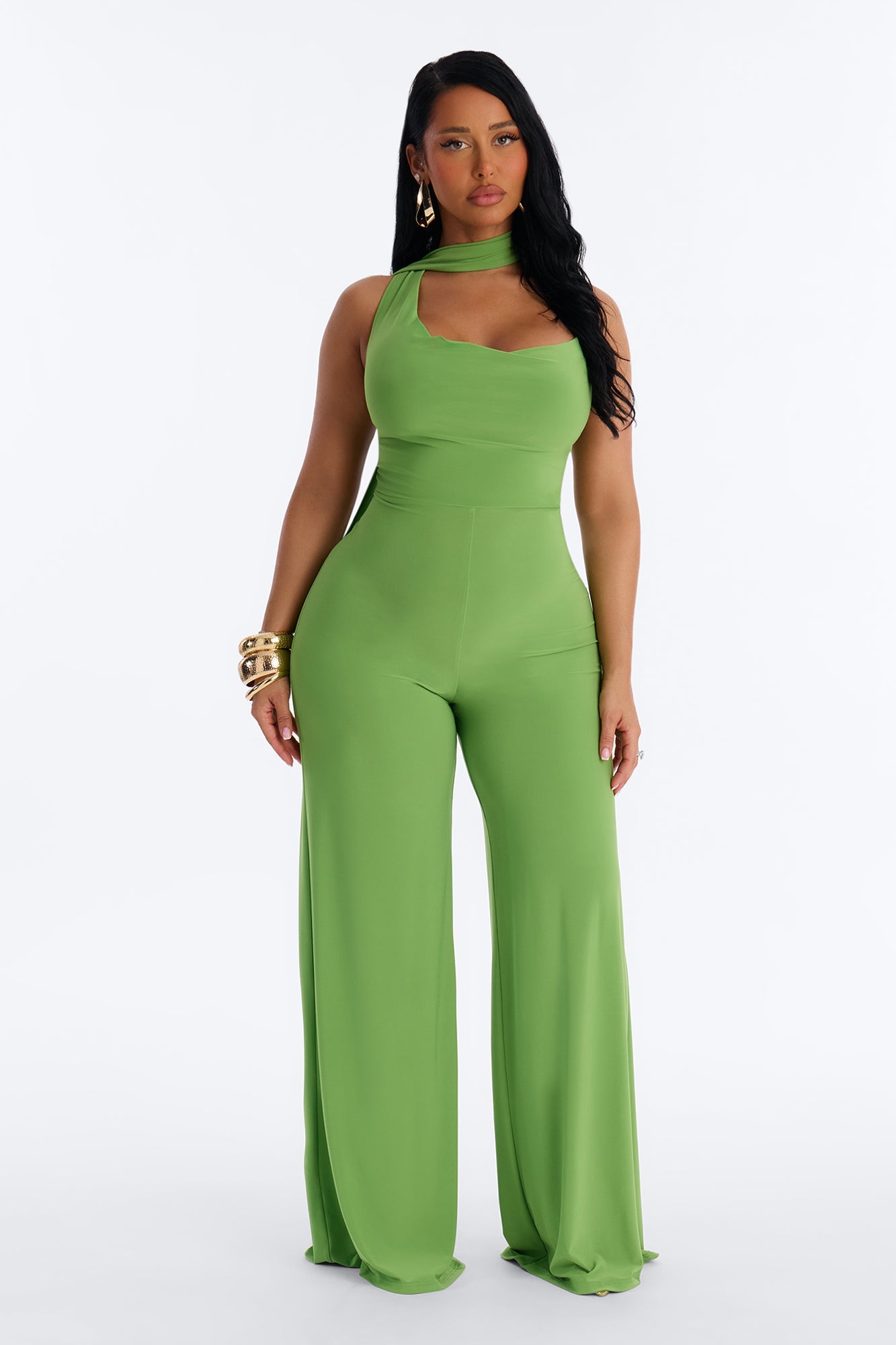 Maliyah Draped Scarf Wide Leg Jumpsuit - Green