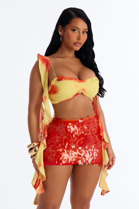 Perfect Paradise Mesh Drape Ruffle Bra Top - Orange/combo