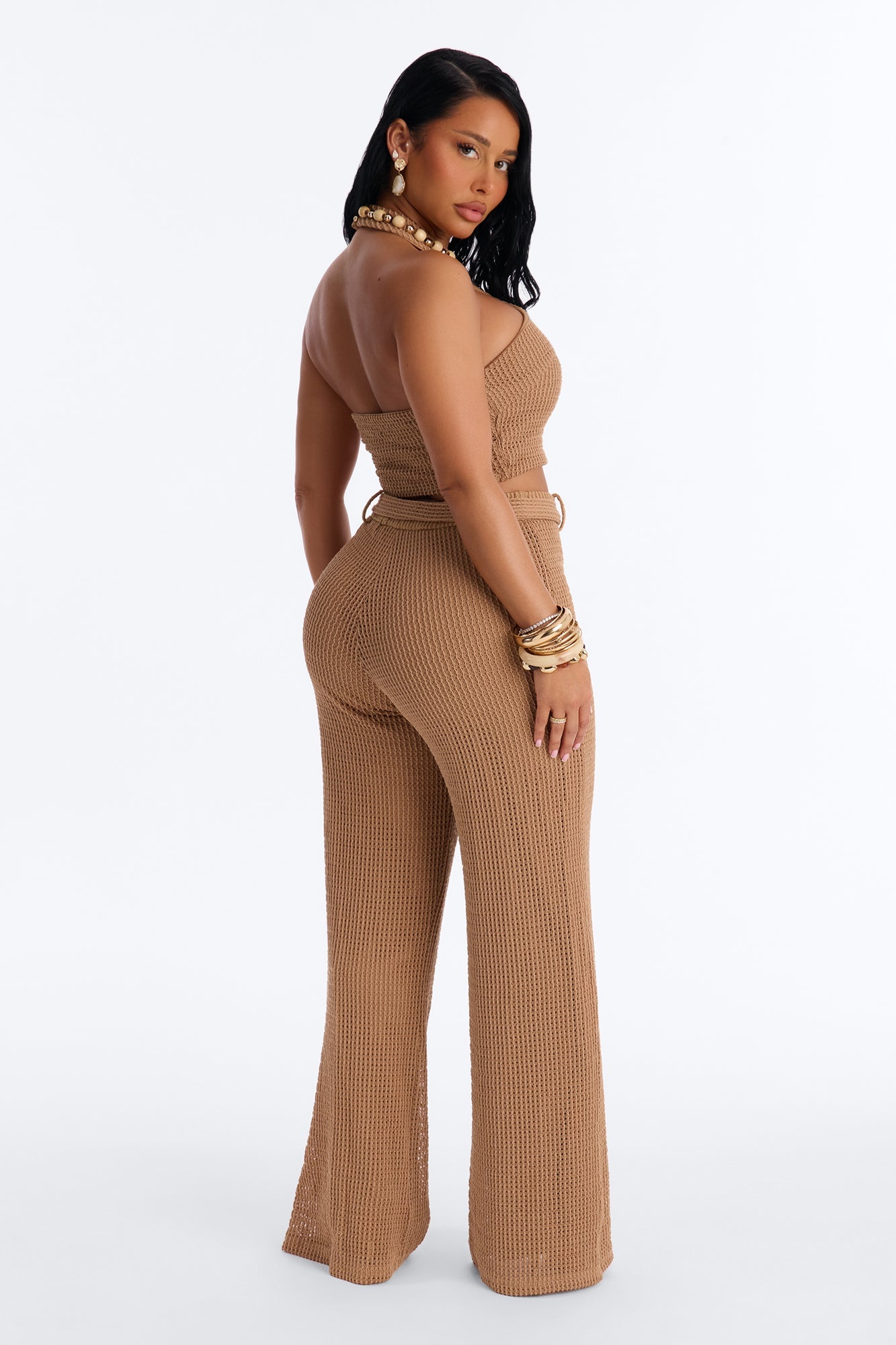 Shoreline Chic Beaded Halter Crochet Pant Set - Camel