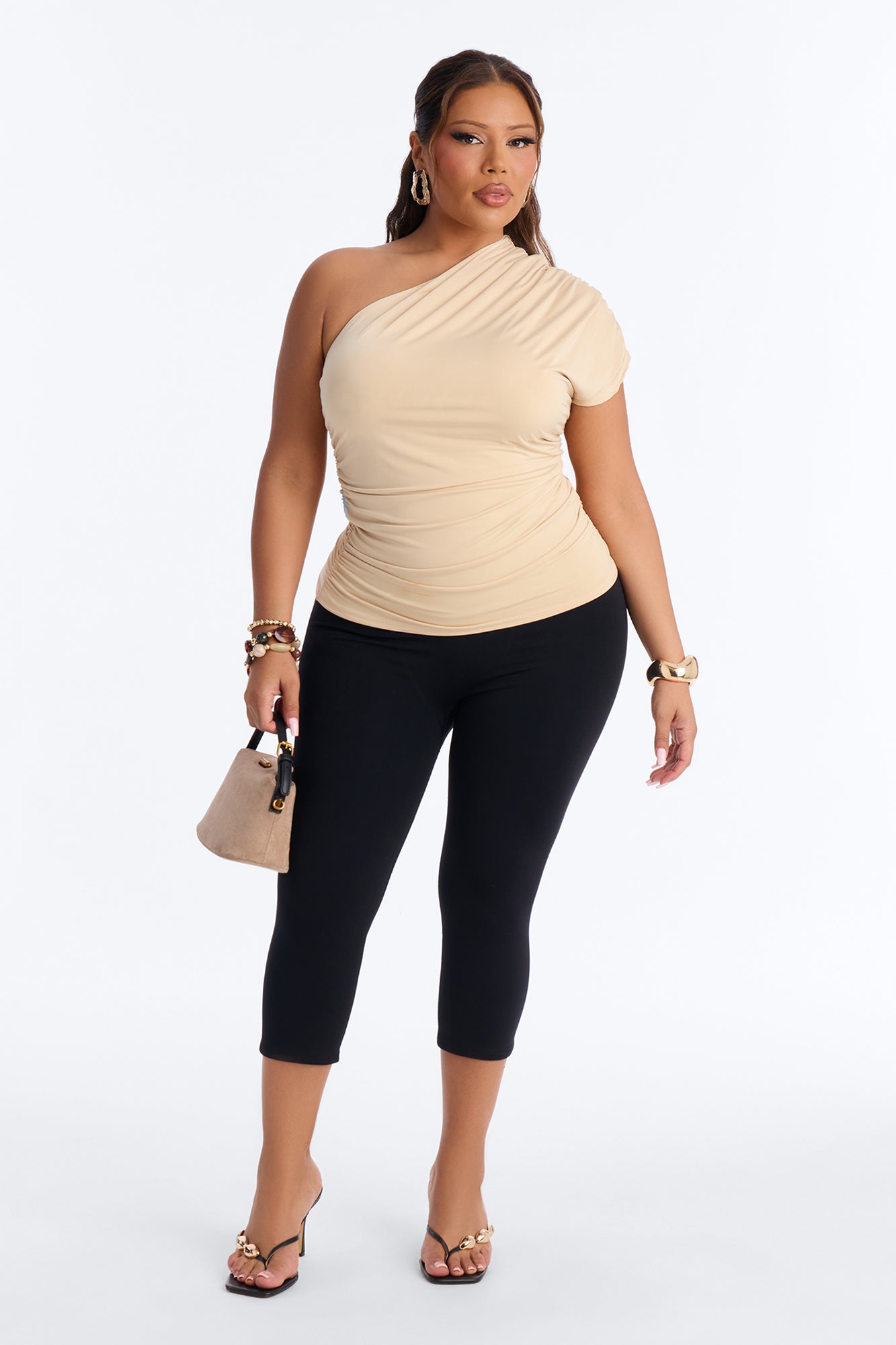 Arabella Off Shoulder Ruched Short Sleeve Top - Sand
