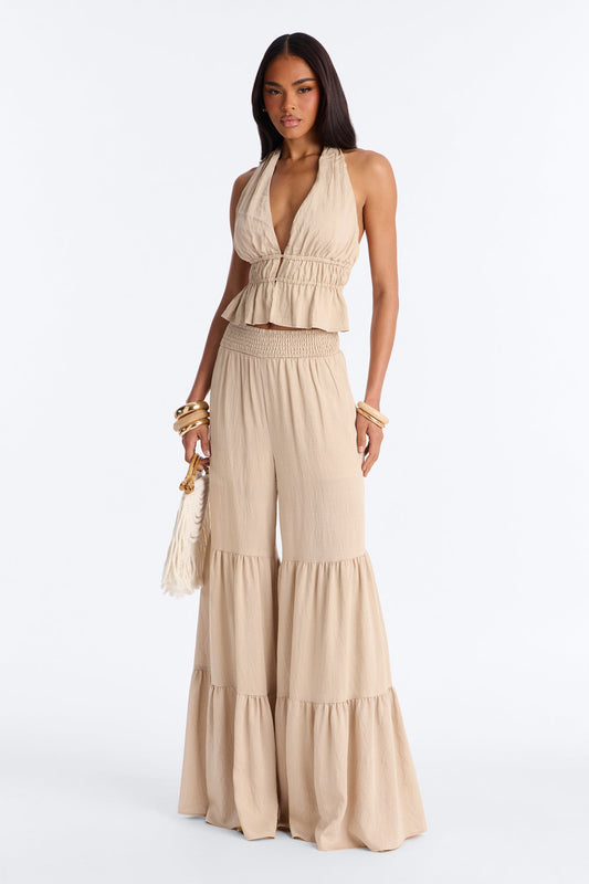Jaysa Linen Halter Tiered Pant Set - Taupe