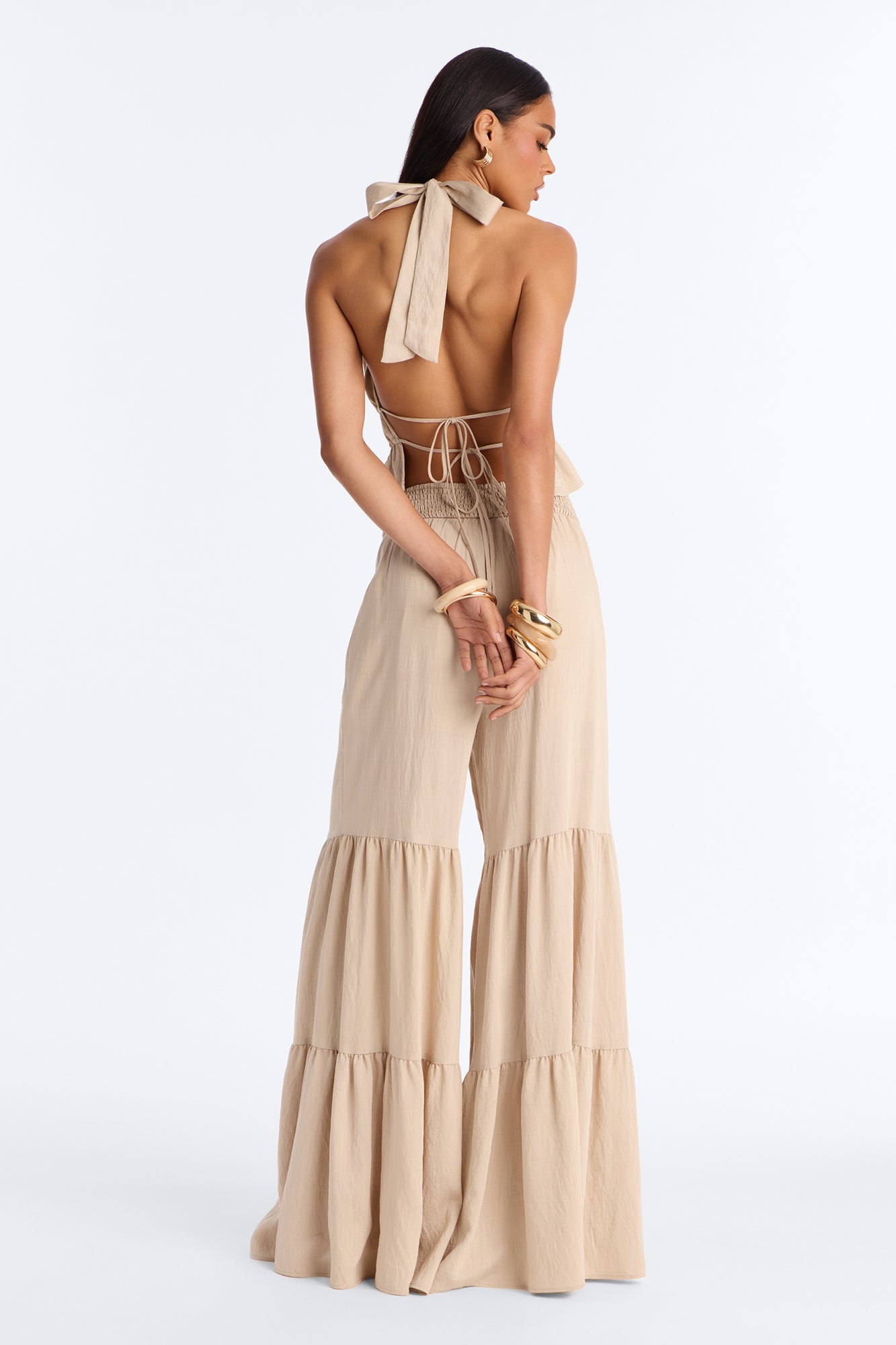 Jaysa Linen Halter Tiered Pant Set - Taupe