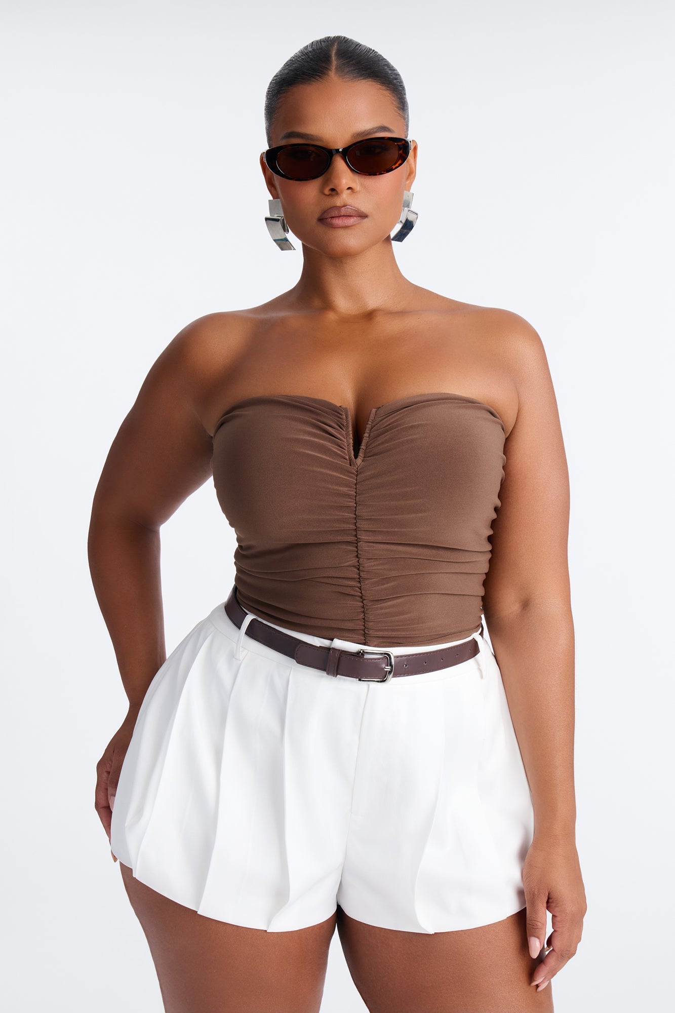 Gentle Blossom Ruched Notch Neck Strapless Bodysuit - Mocha