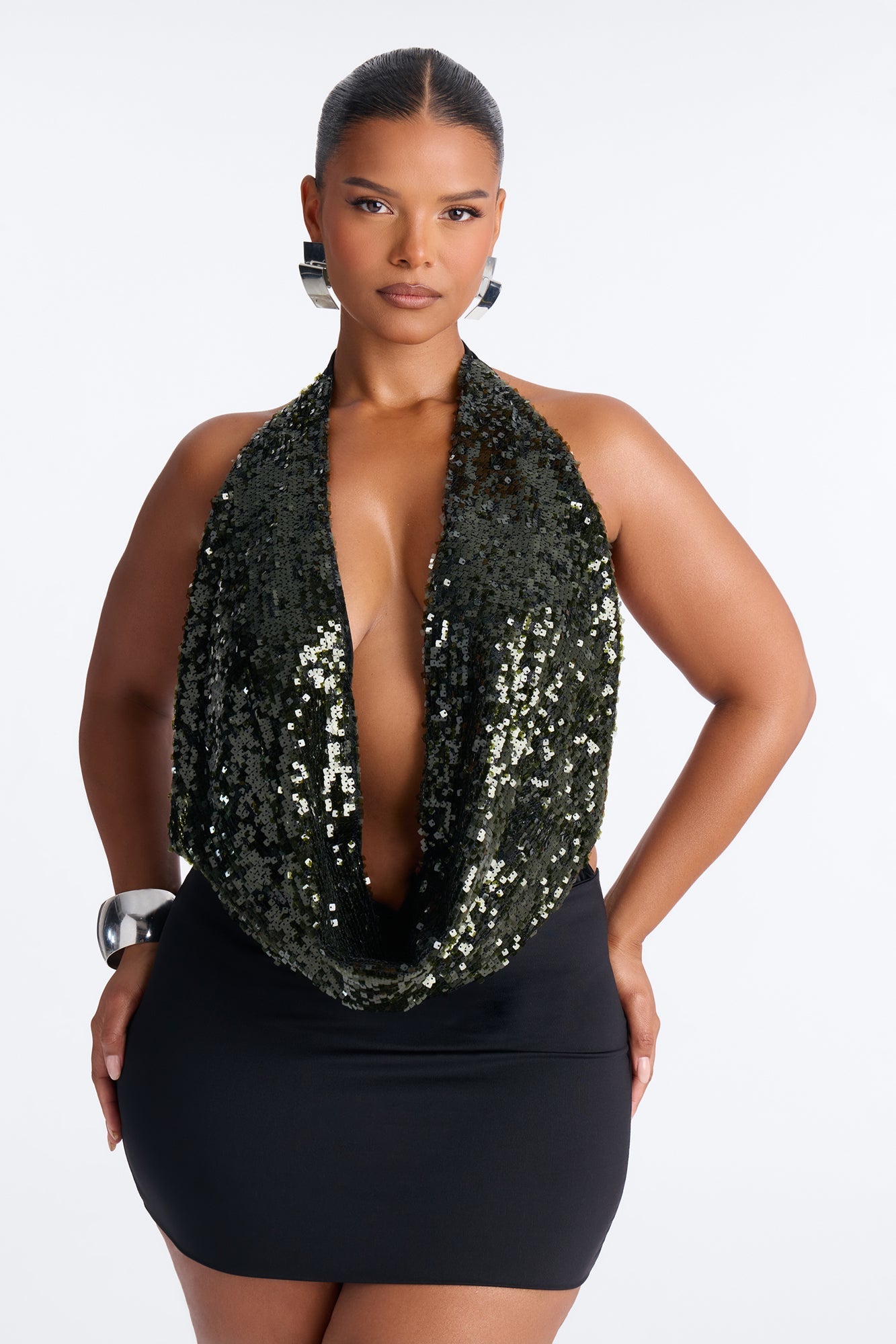 Sea Goddess Sequin Cowl Neck Halter Bodysuit - Hunter Green