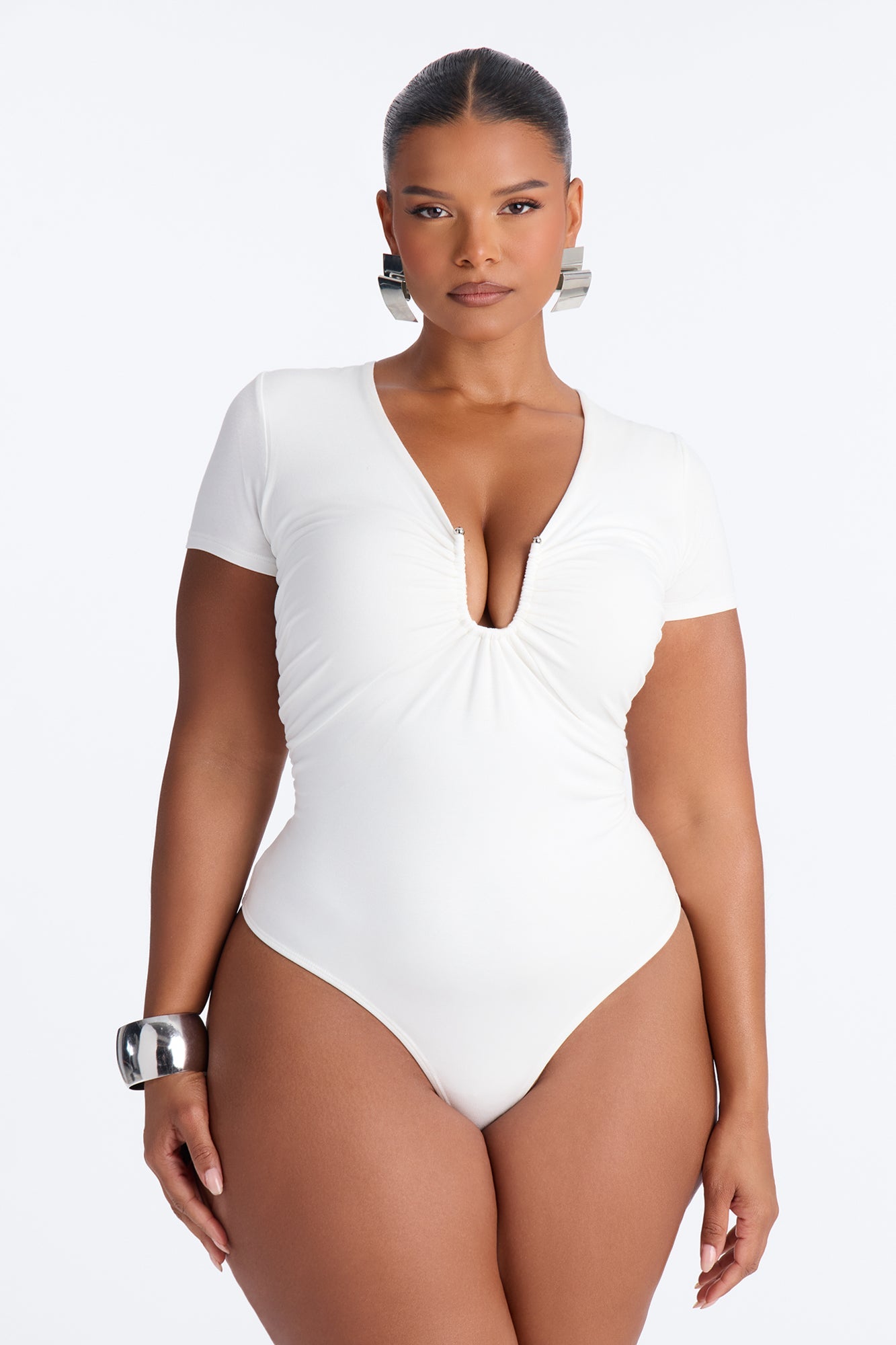 Danielle Deep V Neck Short Sleeve Bodysuit - White