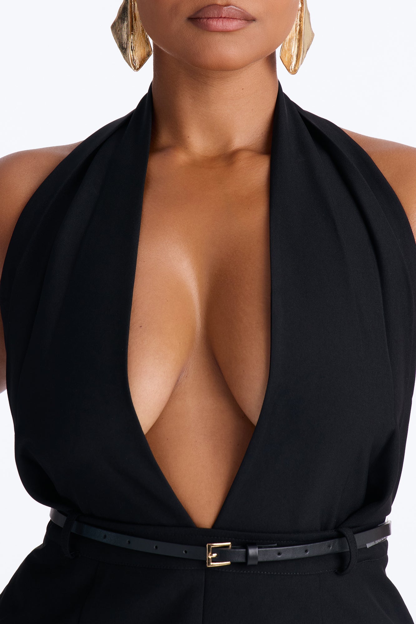 Minimal Talk Belted Twill Halter Top - Black