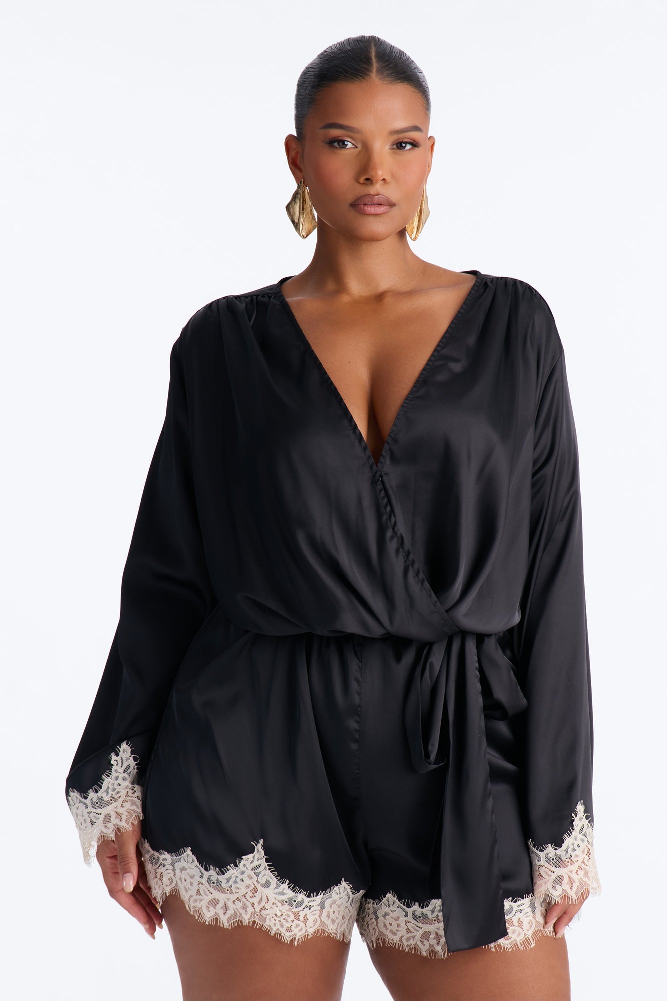 Cherie Satin Lace Trim Romper - Black