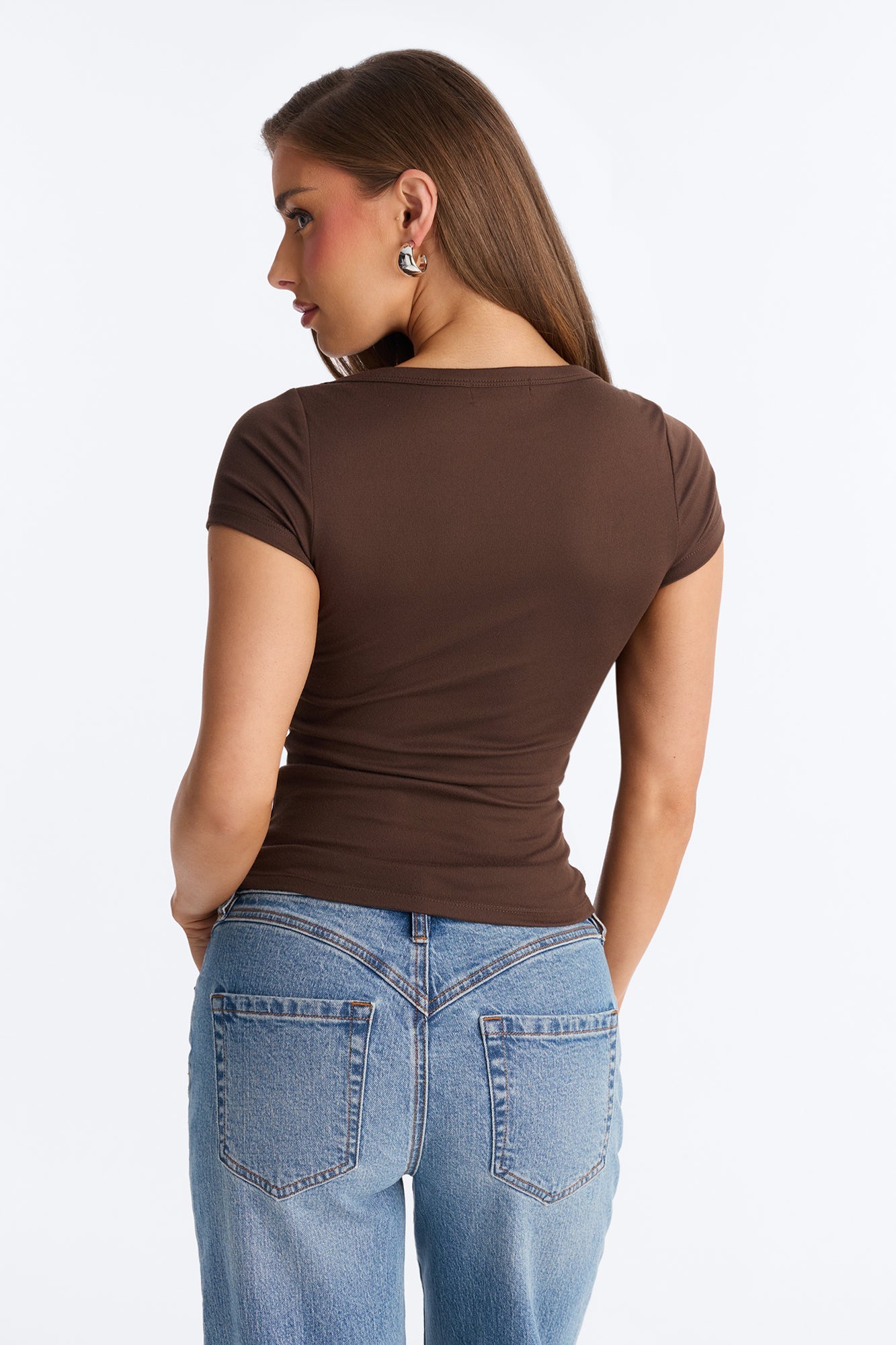 Boat Neck Ribbed T-shirt - Brown