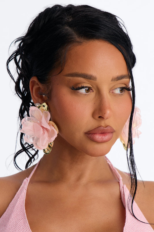 Ruffle Rose Earrings - Gold/Pink