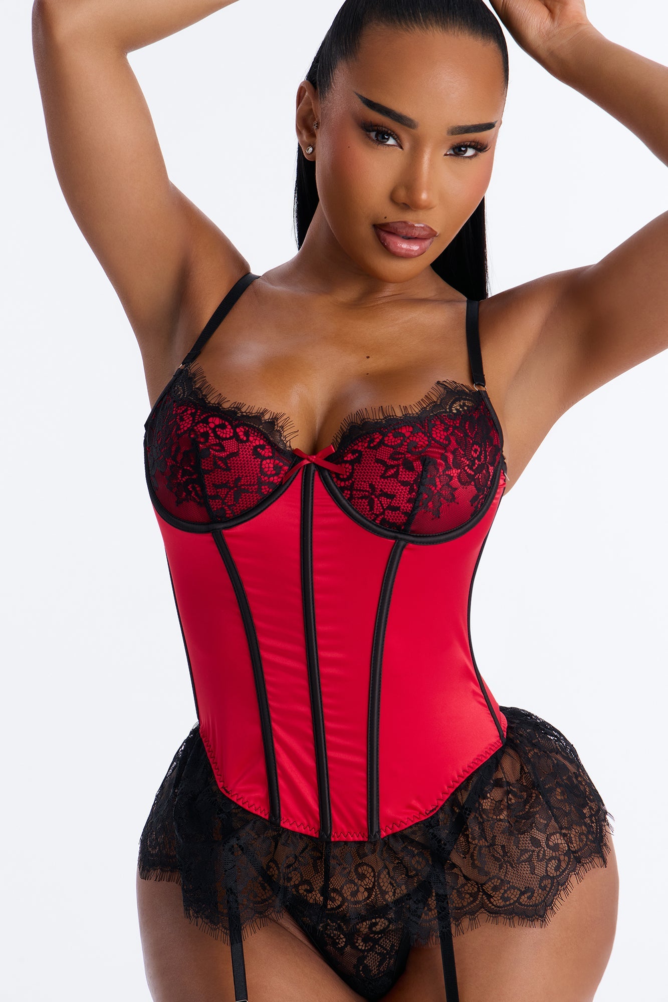 Bella Lace Boning Teddy - Red/Black