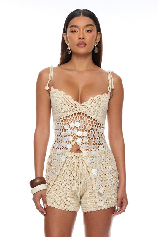Sea Serenity Shell Crochet Short Set - Sand