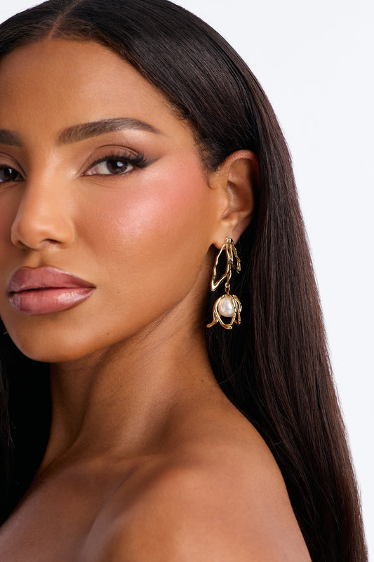 Petal Pearl Drop Earrings - Gold