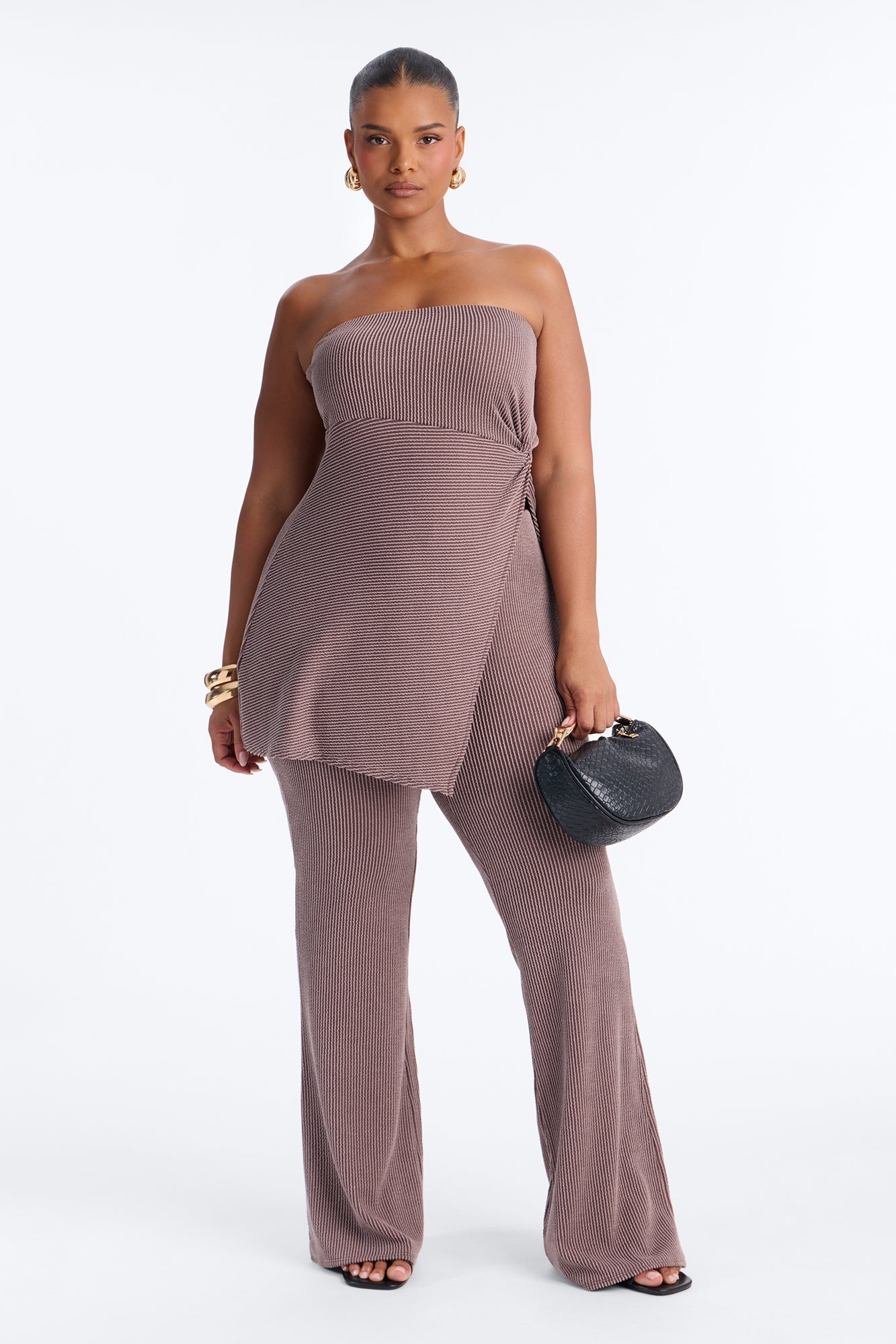 Mona Textured Strapless Flare Pant Set - Mocha