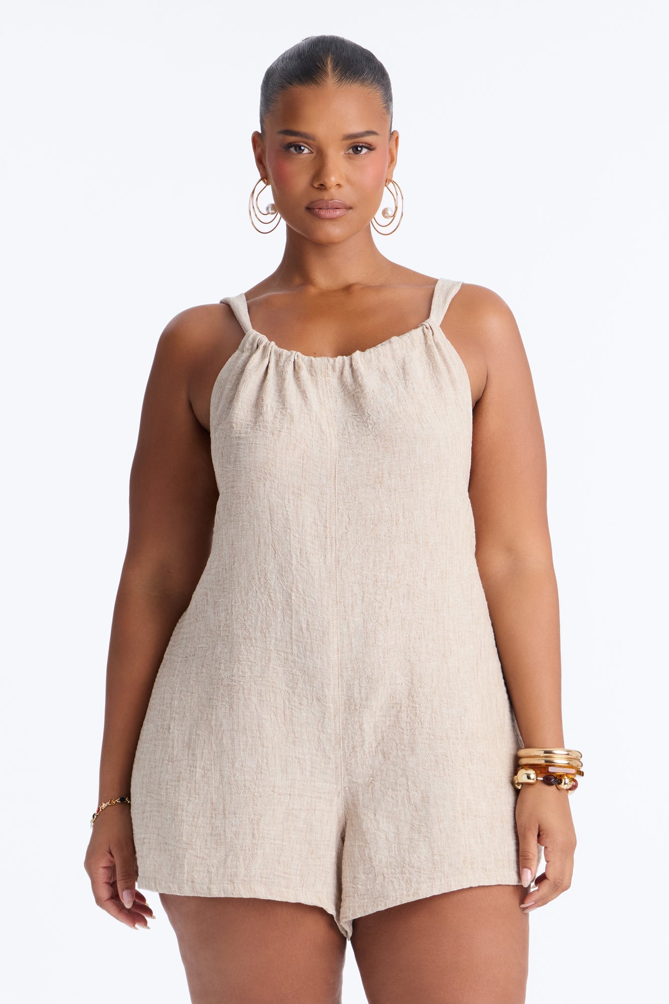 Jeanie Flowy Linen Romper - Tan