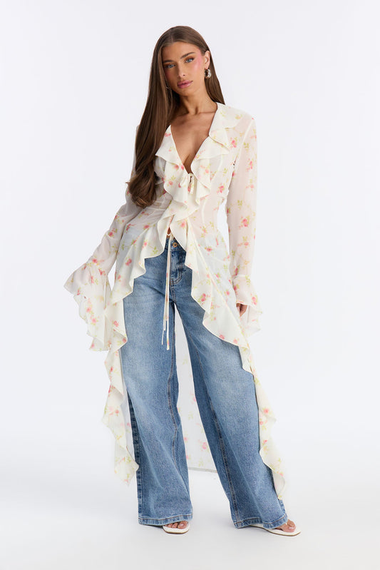 Pure Confidence Ditsy Floral Tie Front Maxi Top - Sage/combo