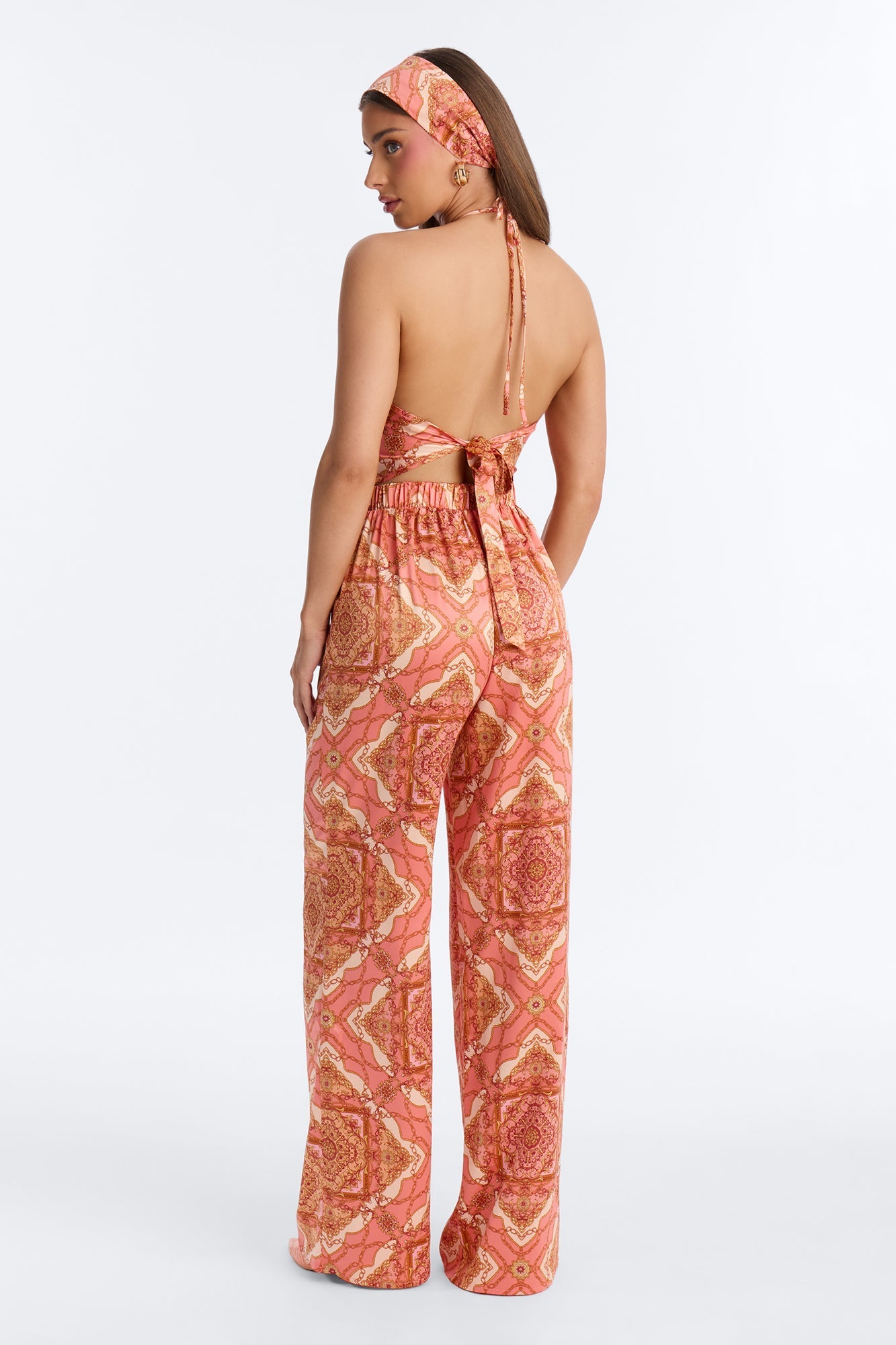 Nadia Satin 3 Piece Pant Set - Coral/combo