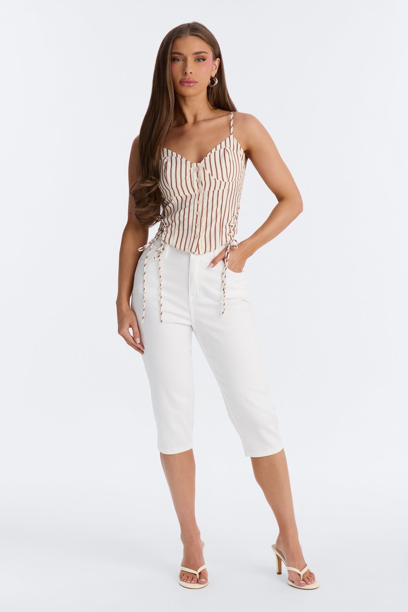 Hot Mess Express Lace Up Striped Top - Cream/combo