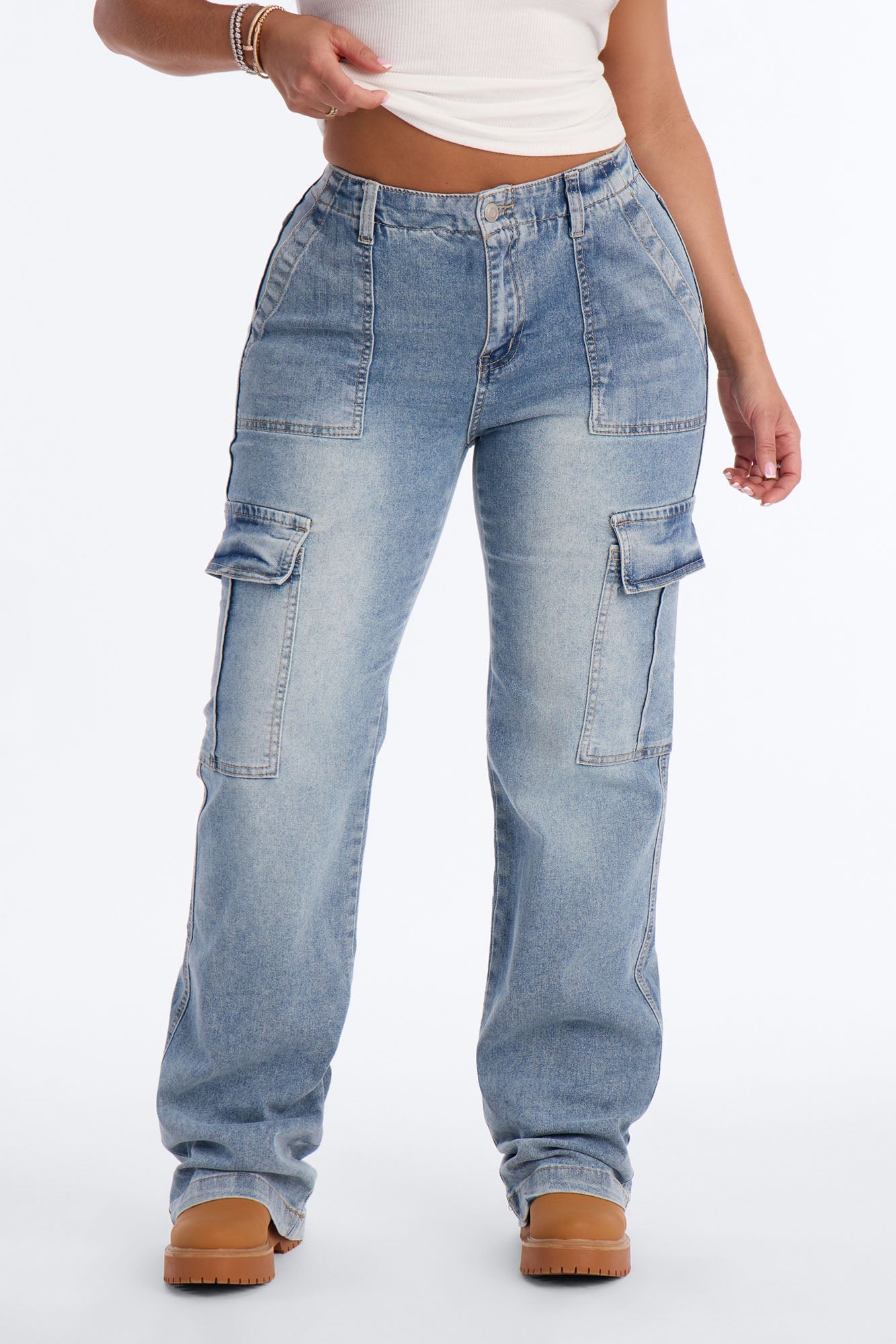 Break Bad Habits Cargo Straight Leg Jeans - Light Wash