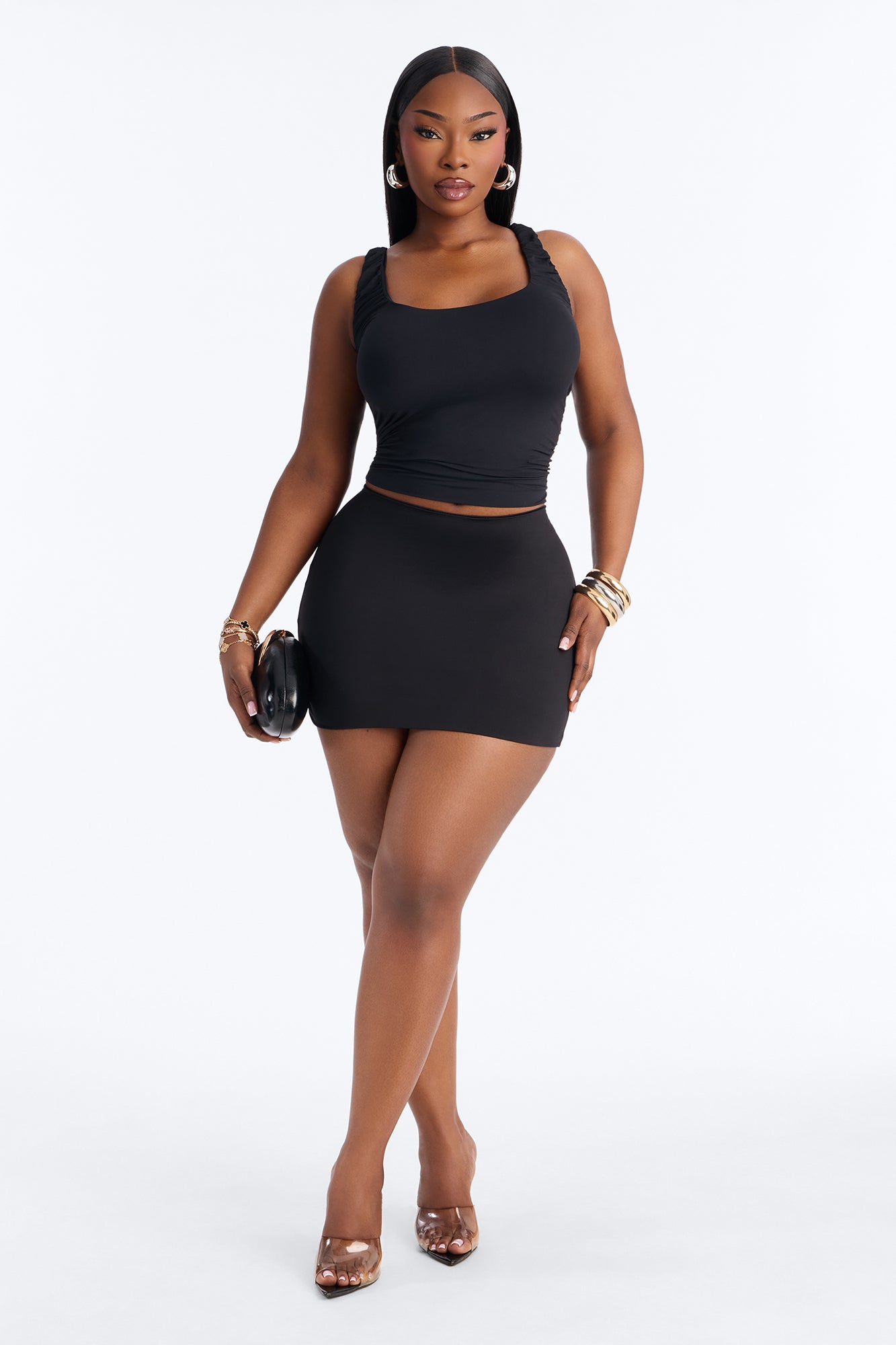 Second Skin Double Lined Scoop Neck Ruched Sleeveless Top - Black
