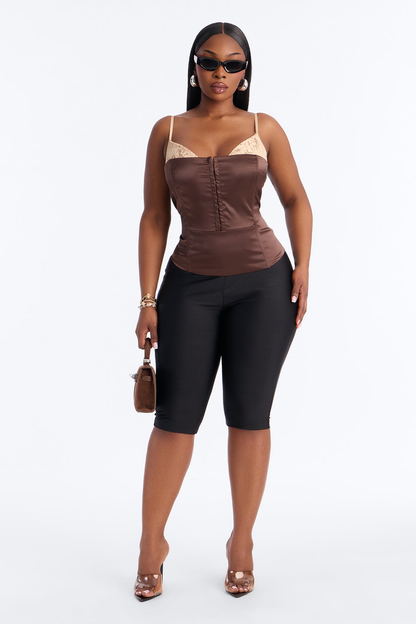 Out Of Your League Lace Contrast Satin Corset - Brown/combo