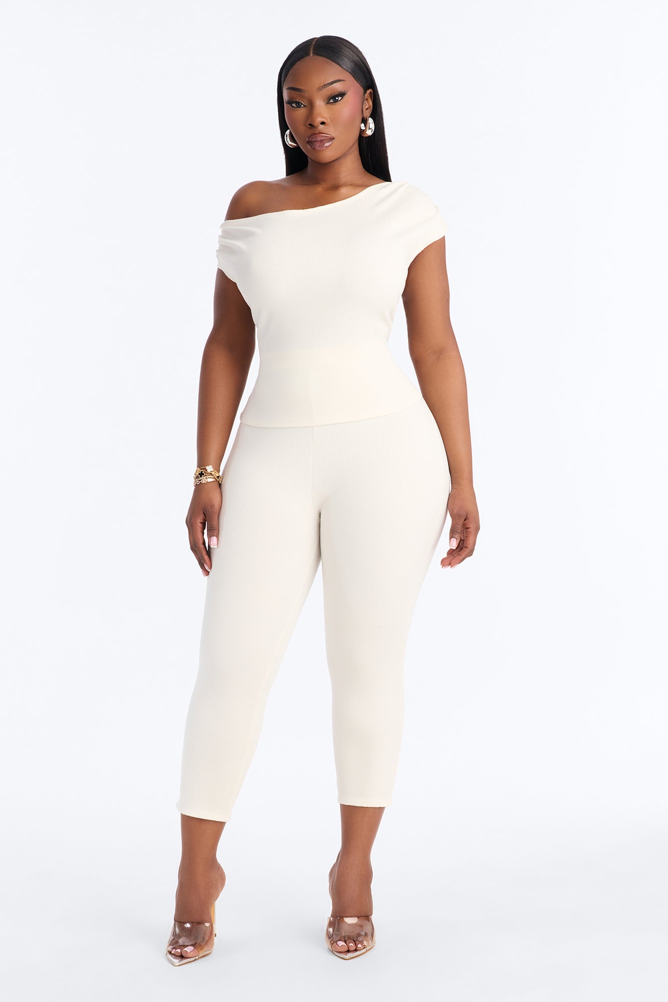 Ariella Off Shoulder Snatched Capri Set - Off White