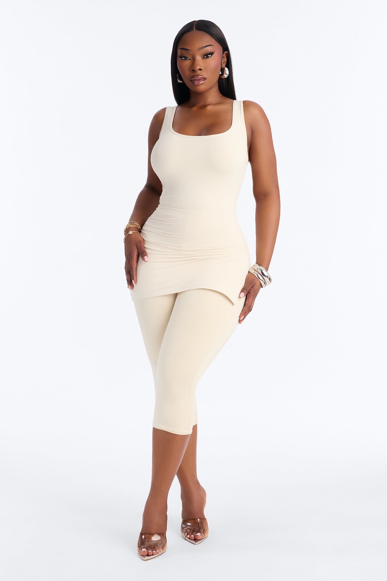 Second Skin Double Line Asymmetrical Ruched Tank Top - Bone