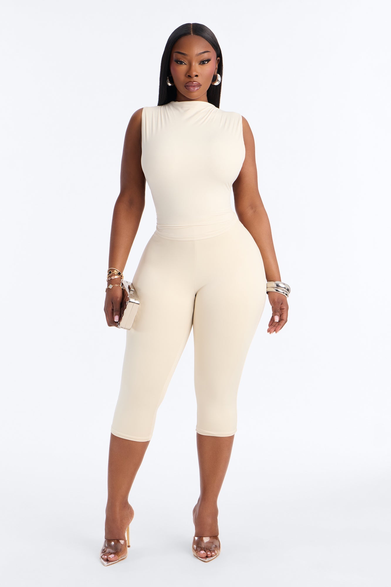 Second Skin Double Lined Mock Neck Racerback Top - Bone