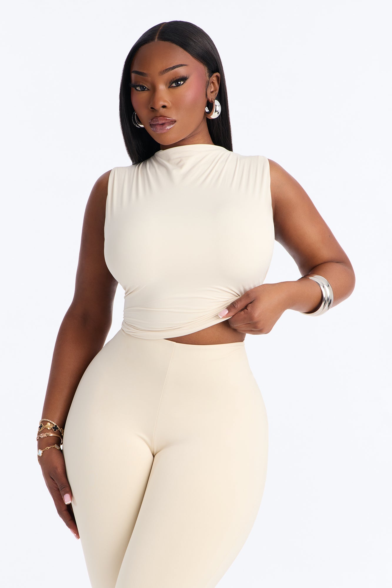 Second Skin Double Lined Mock Neck Racerback Top - Bone