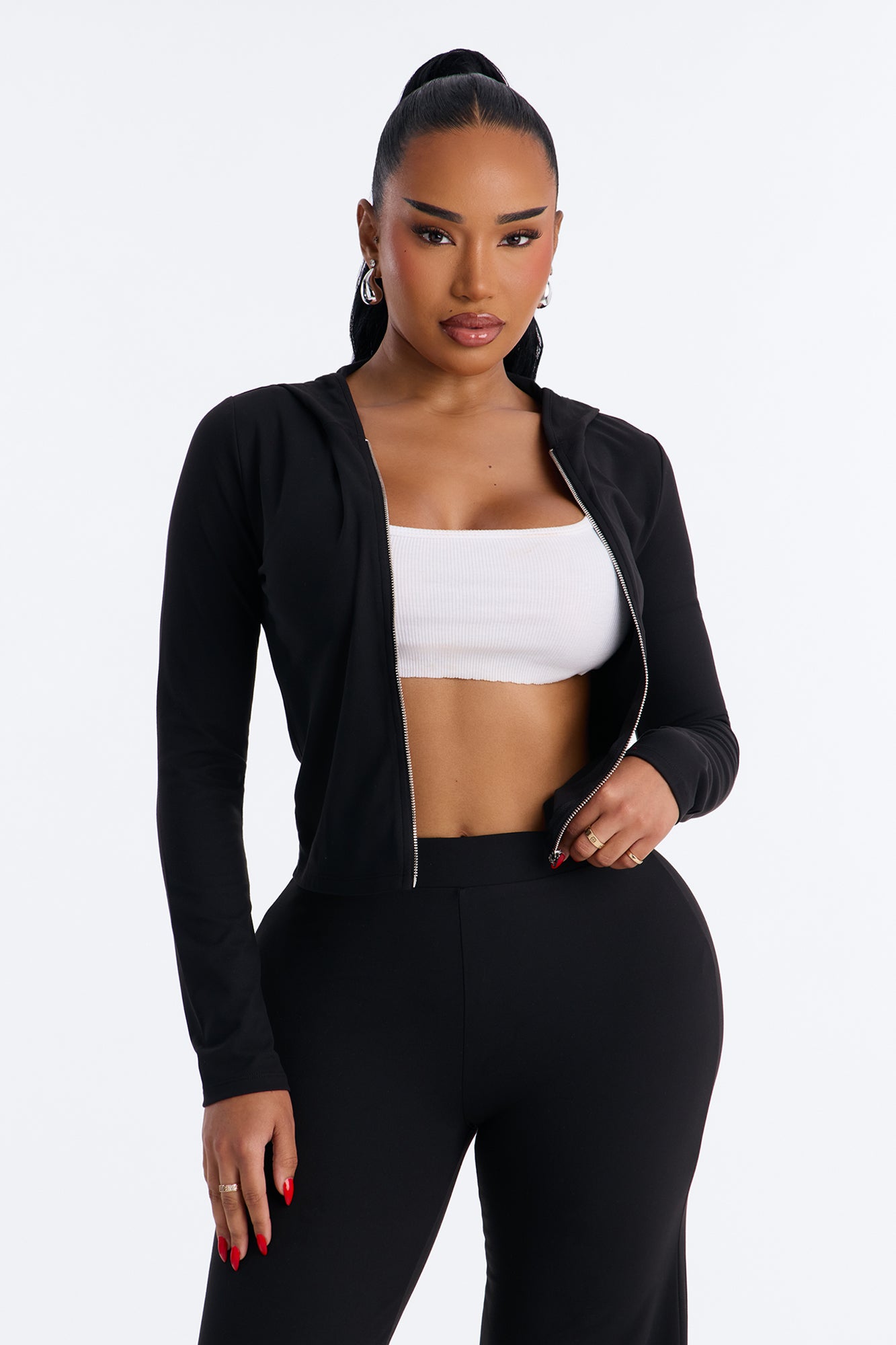 Casual Vibe Zip Up Hoodie Pant Set - Black
