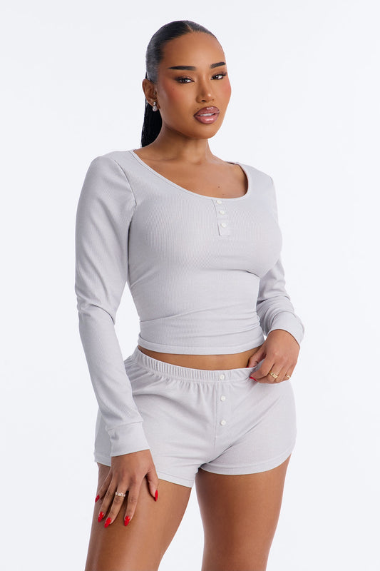 Relaxed Vibe Ribbed Henley PJ Boxer Short Set - Heather Grey