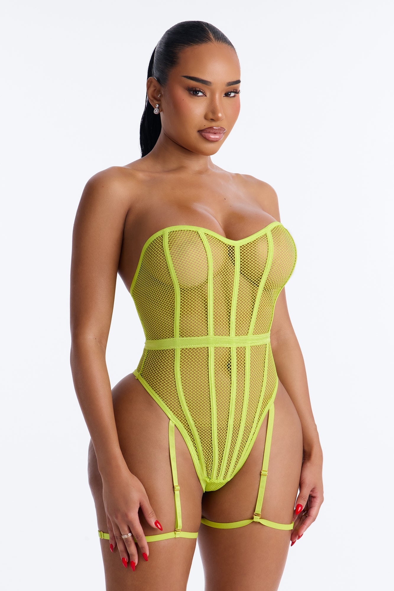 Owning It Fishnet Teddy With Garter Straps - Lime