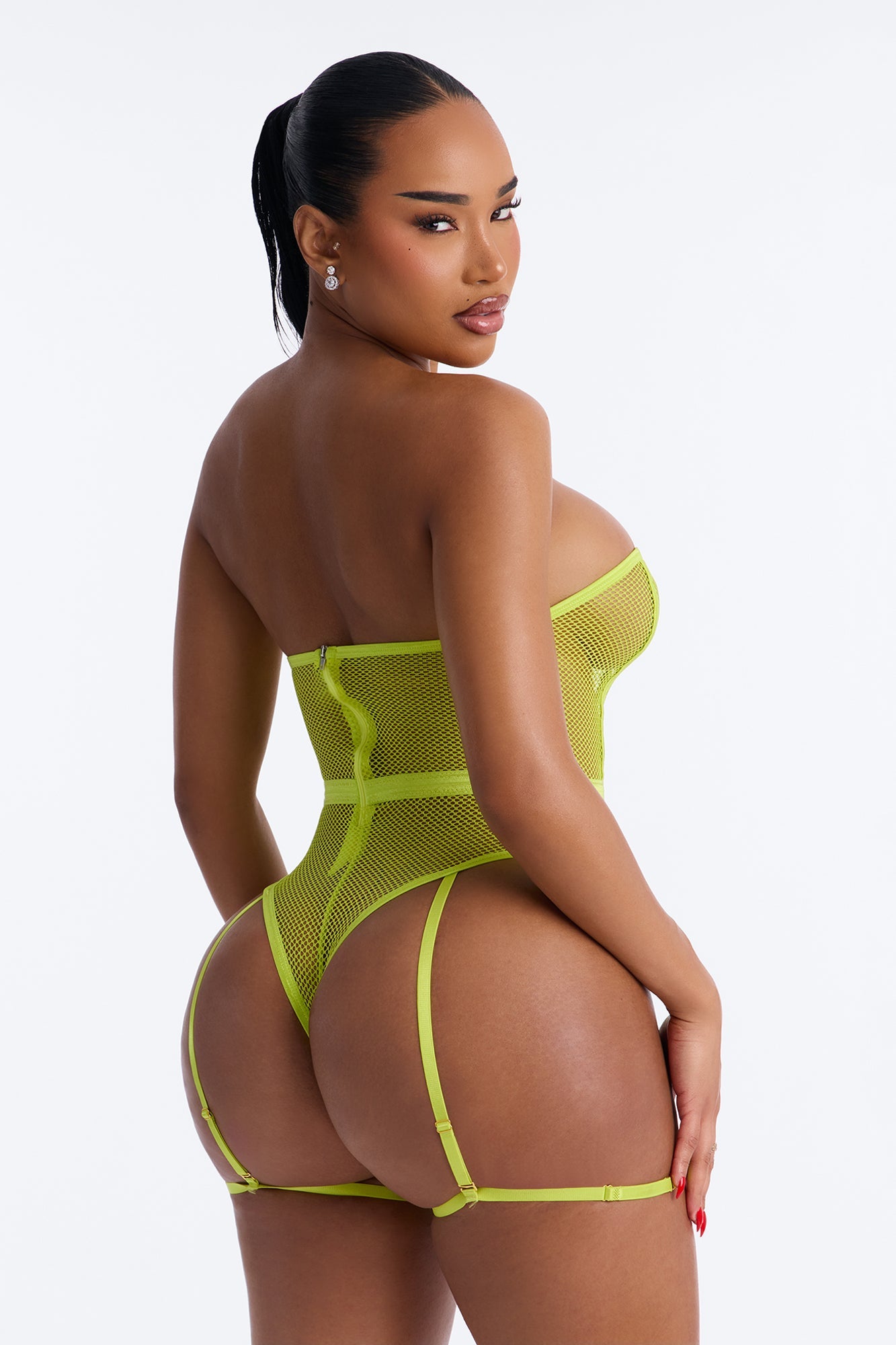 Owning It Fishnet Teddy With Garter Straps - Lime