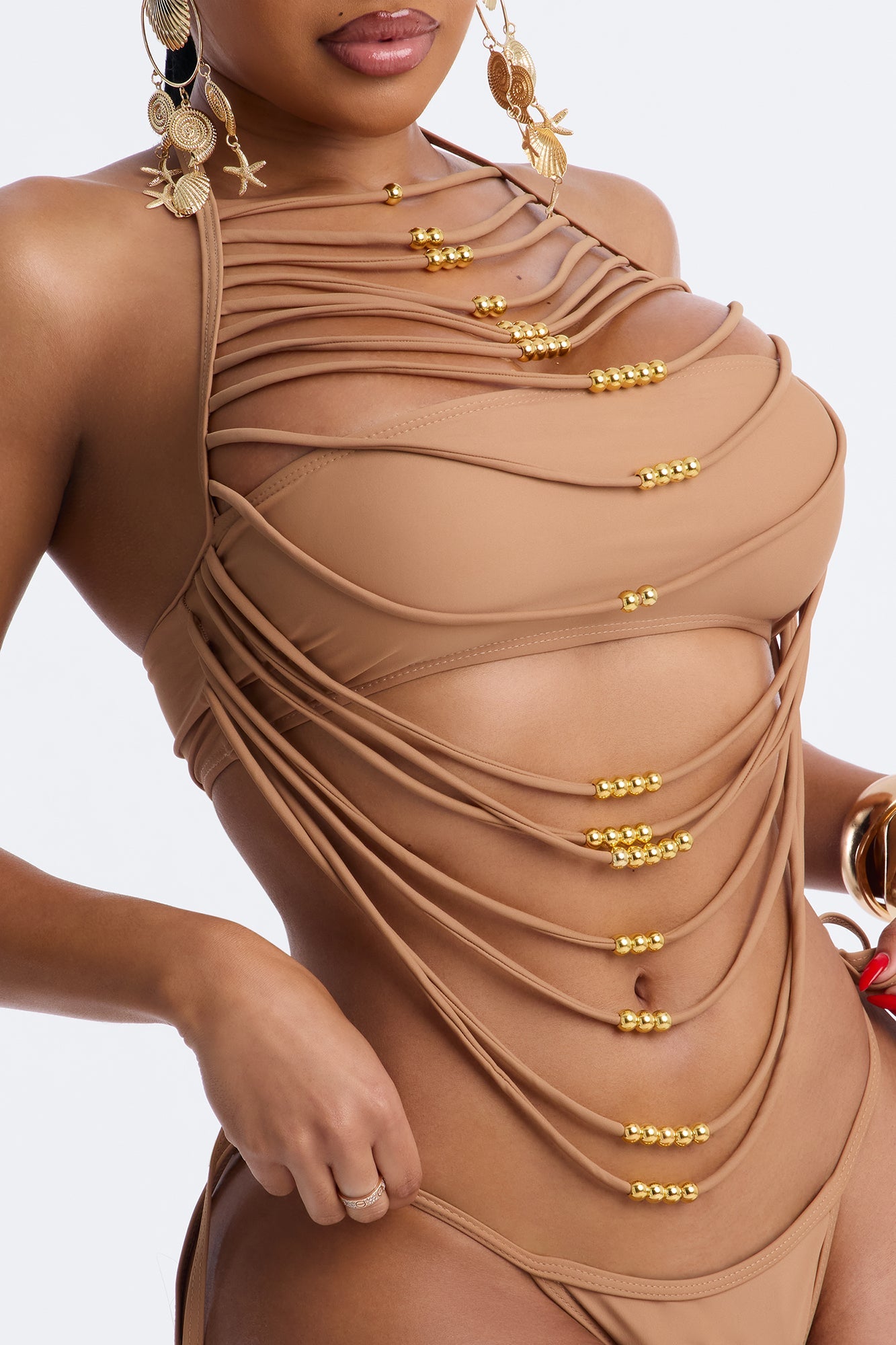 Hot Sand Energy Draped 2 Piece Beaded Bikini Set - Tan