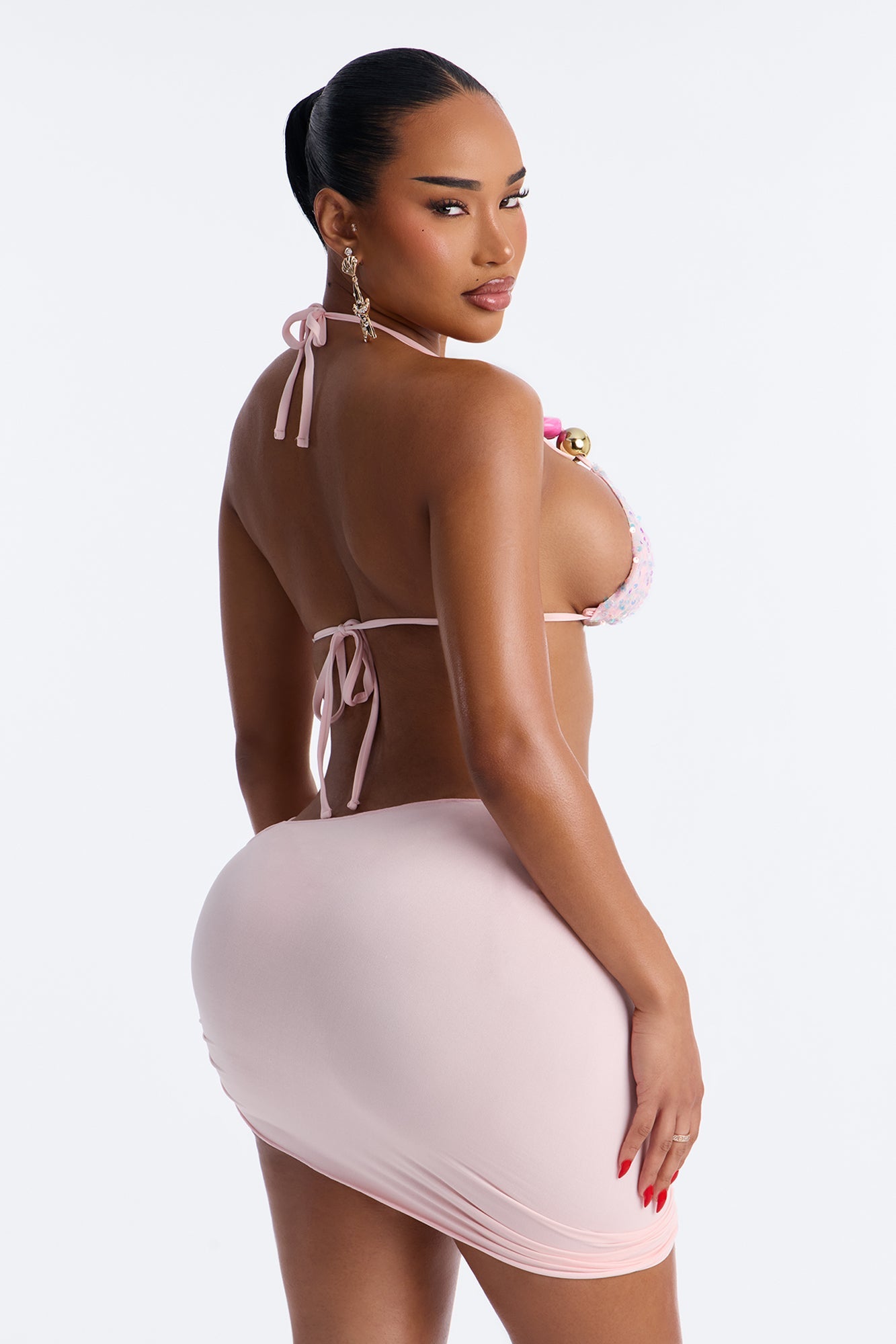 Malibu Disco Sequin 3 Piece Triangle Bikini Sarong Set - Light Pink