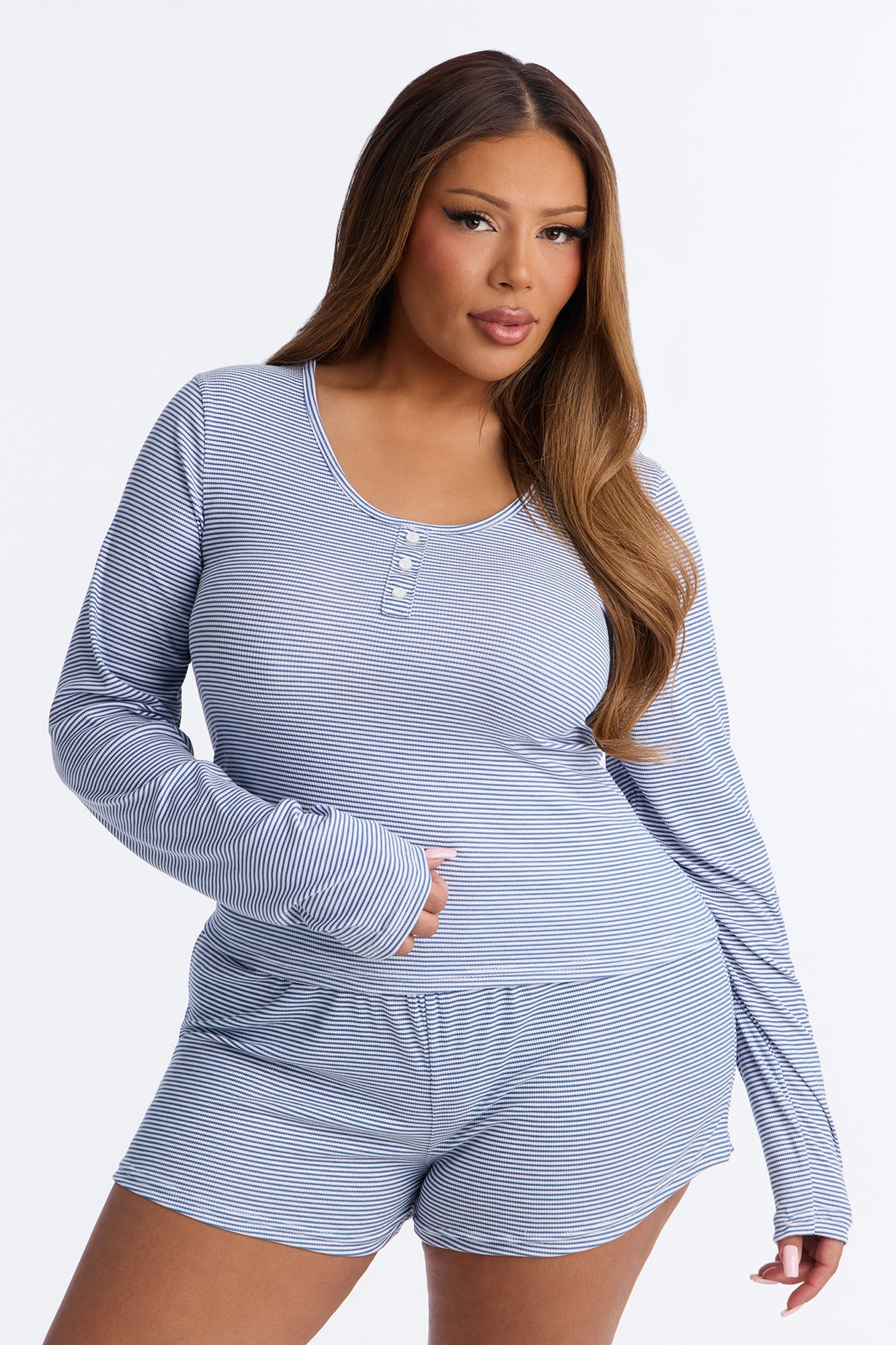Nap With Me Long Sleeve PJ Short Set - Slate Blue