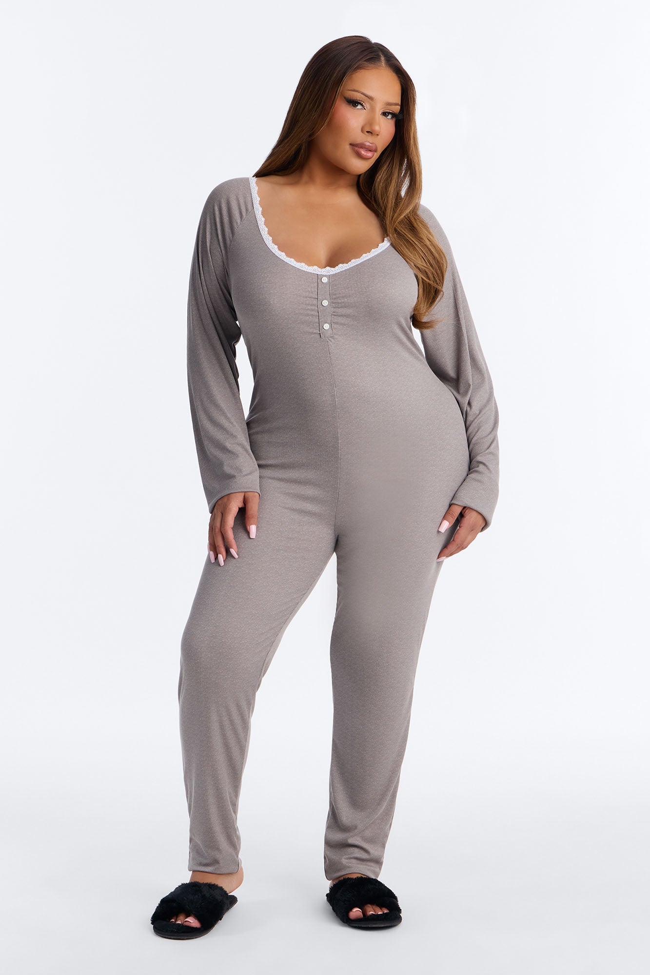 Stay In With Me Ribbed Henley PJ Jumpsuit Onesie - Charcoal