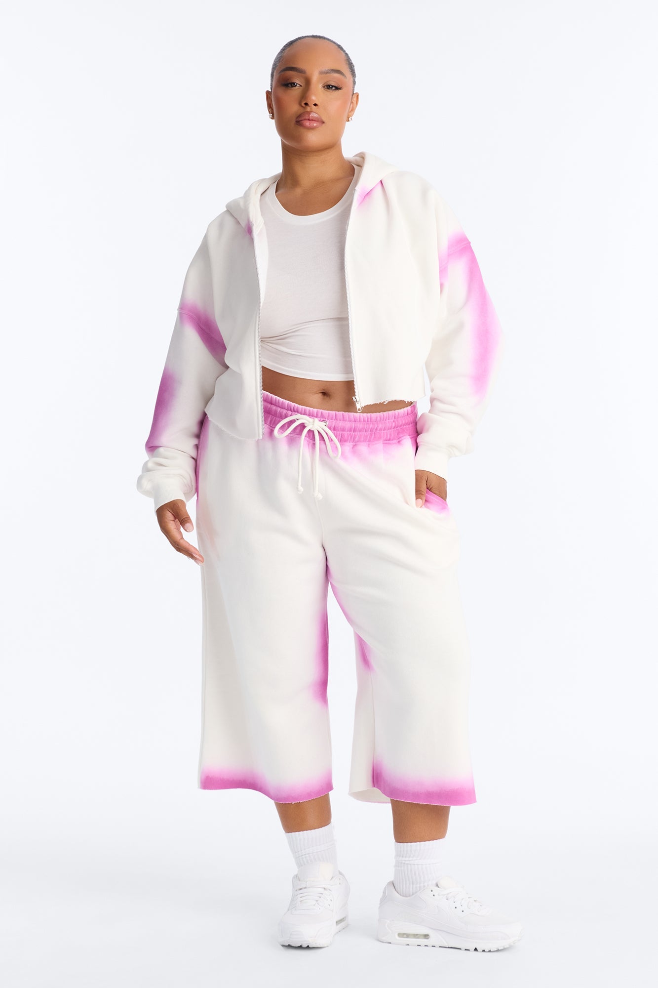 Urban Fleece Tie Dye Short Set - White/Pink