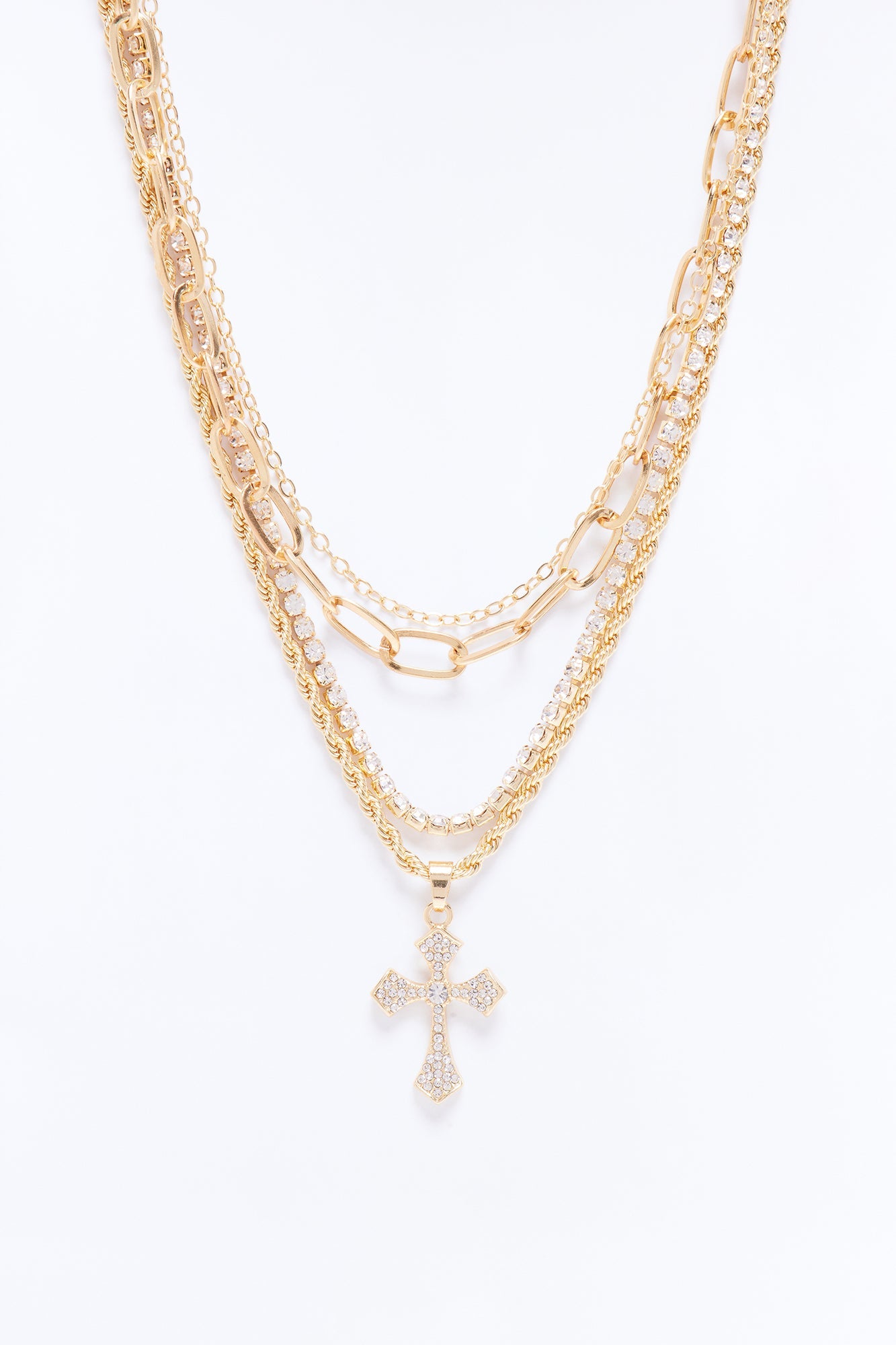No Saint Rhinestone Layered Necklace - Gold