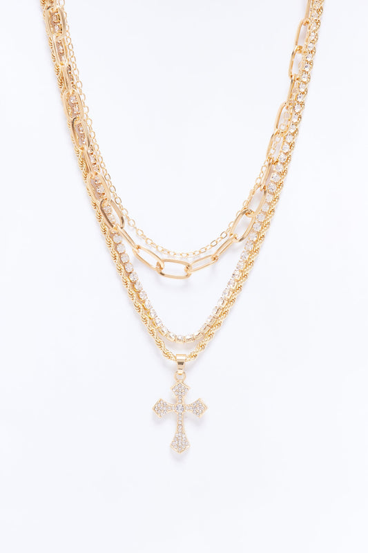 No Saint Rhinestone Layered Necklace - Gold