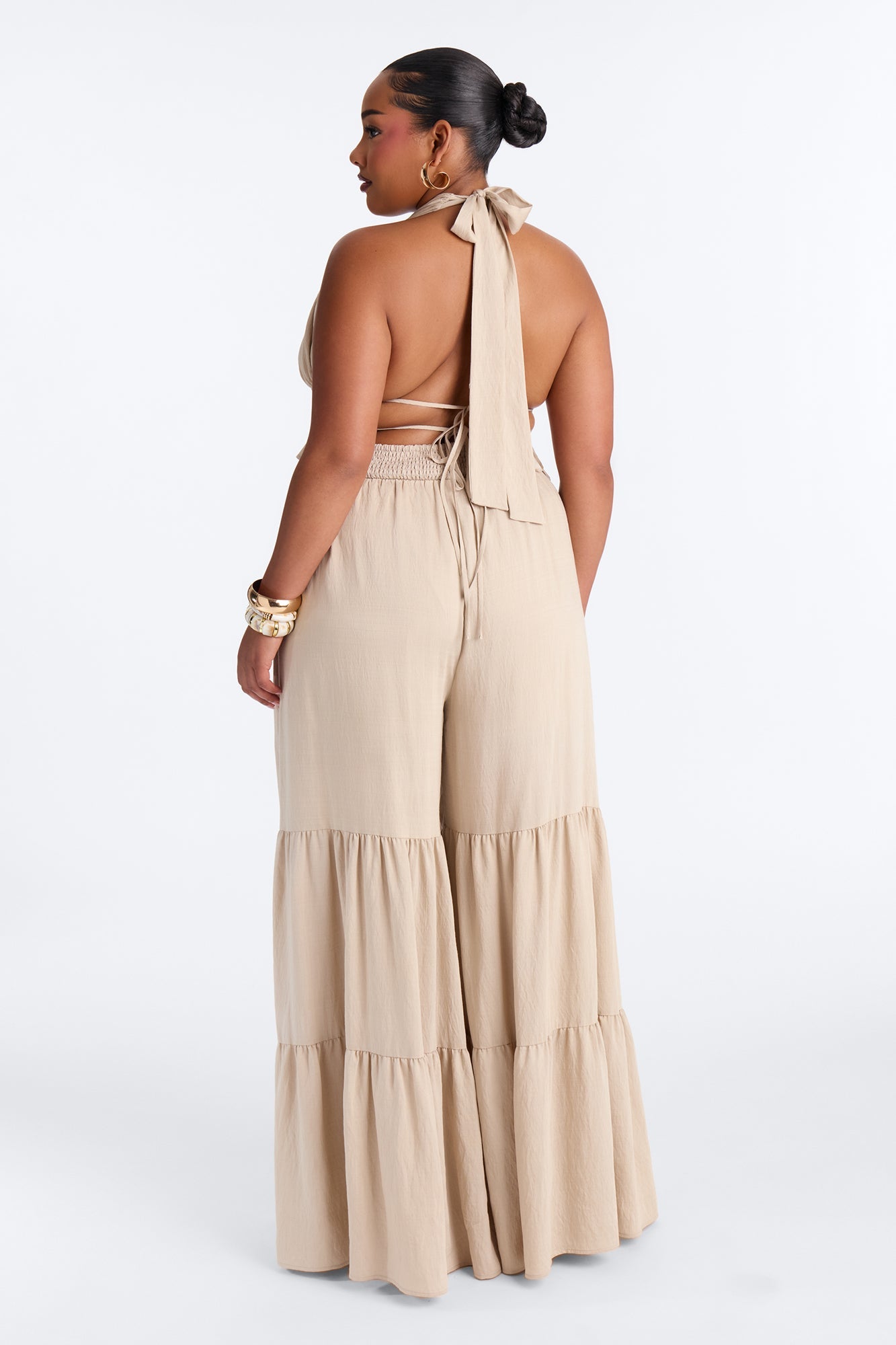 Jaysa Linen Halter Tiered Pant Set - Taupe