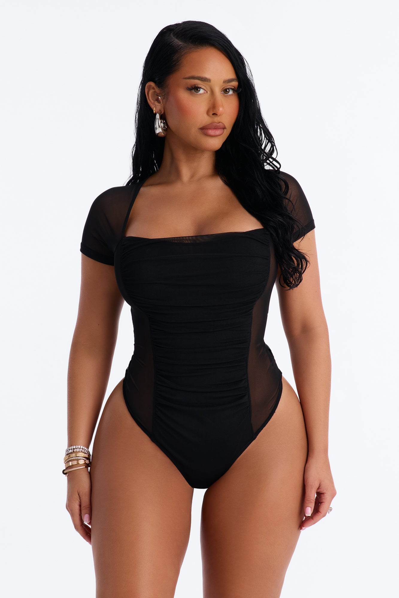 Lilly Ruched Sheer Mesh Short Sleeve Bodysuit - Black